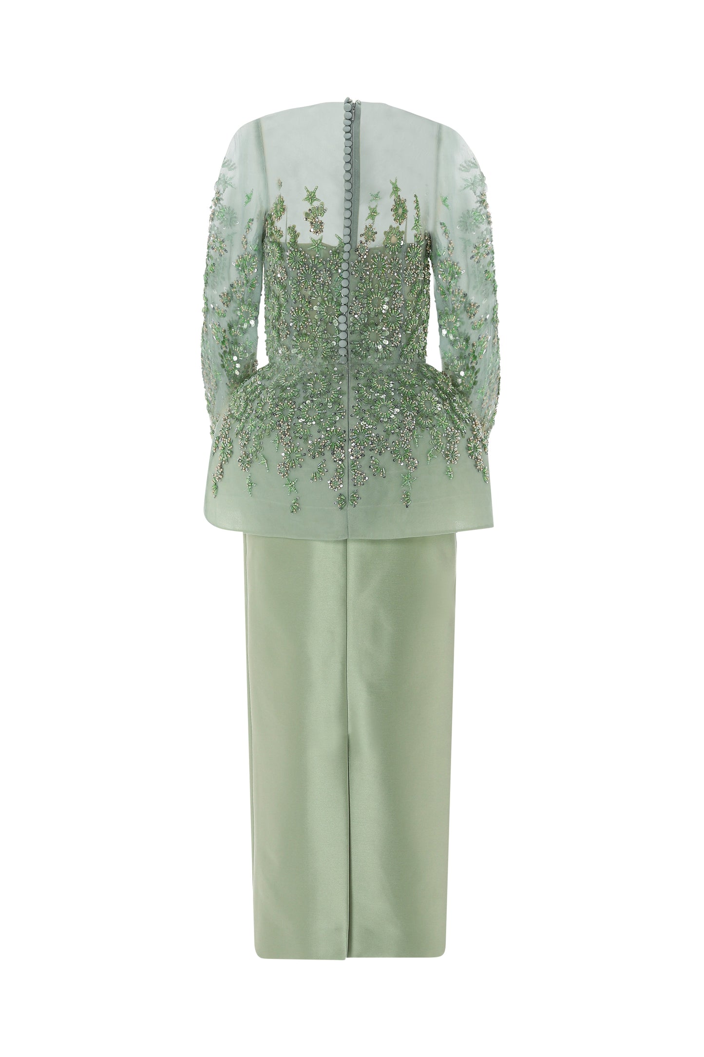 Fully Beaded Tea-Length Tubino With Illusion Neckline And Peplum.