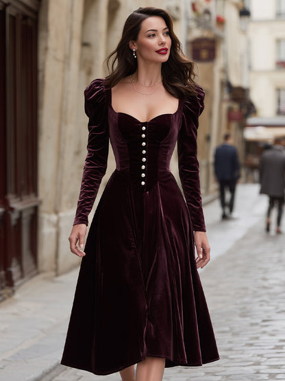 VOS LEE Burgundy Velvet Corset Midi Dress