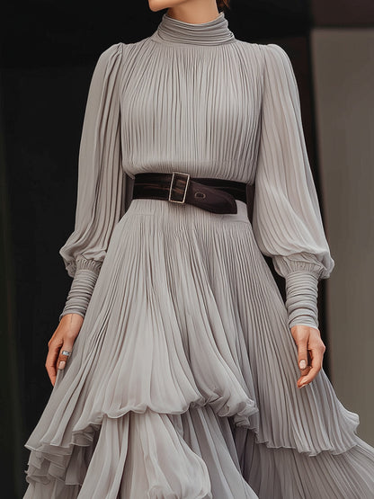 Grey Pleated High-Neck Layered Maxi Dress
