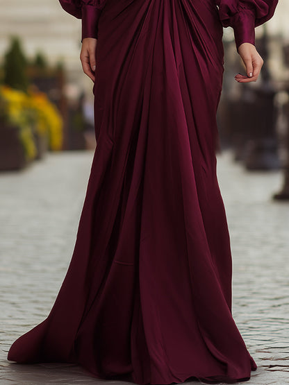 VOS LEE Burgundy Draped Gown With Statement Puff Sleeves