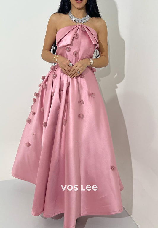 A-Line Pink 3D Flowers Strapless Rhinestone Ankle-Length Evening Dresses