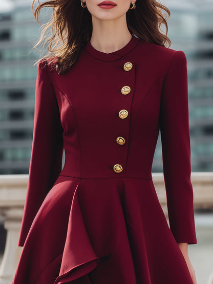 Structured Asymmetrical Ruffle Hem Dress With Gold Buttons