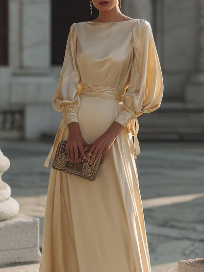 Long Sleeve Ruched Waist Flowing Evening Gown