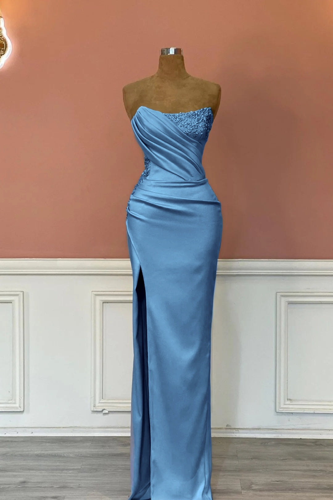 Satin Strapless Sleeveless Long Pleated Mermaid Prom Dress With Rhinstone And High Split