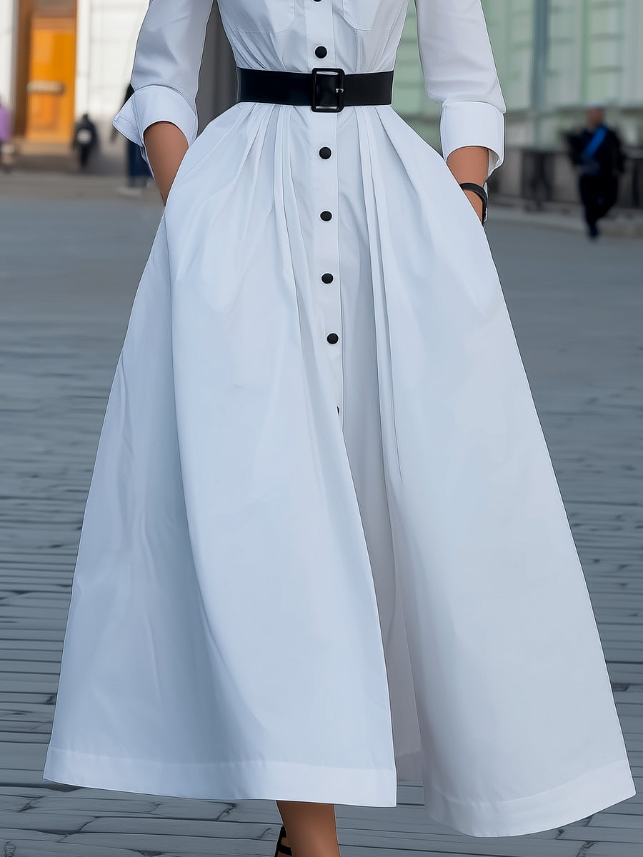 Belted Shirt Maxi Dress With Flared Skirt