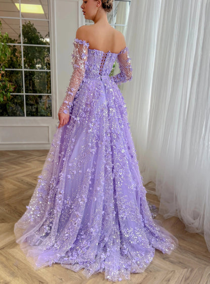 3D Floral Pink Off Shoulder Mermaid Prom Dress with Detachable Train