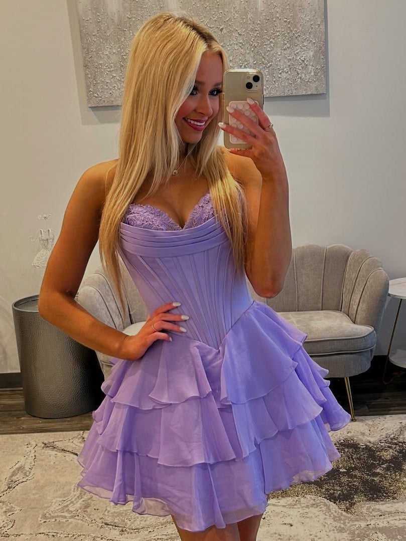 Cute A Line Sweetheart Lilac Corset Homecoming Dress with Ruffles Appliques