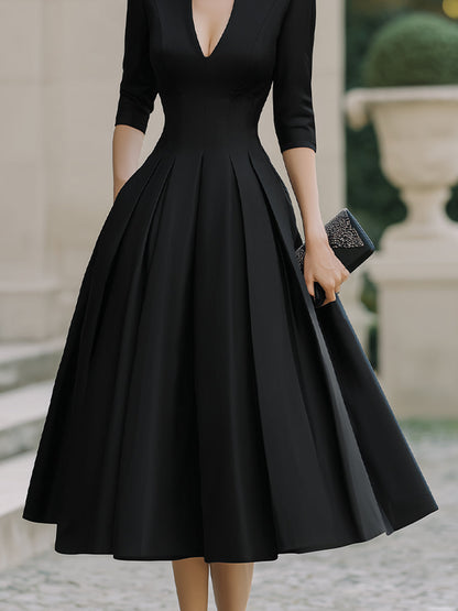 Deep V-Neck Pleated Midi Dress