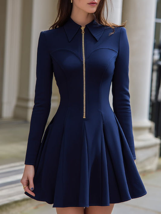 Navy Fit-and-Flare Zip-Front Dress
