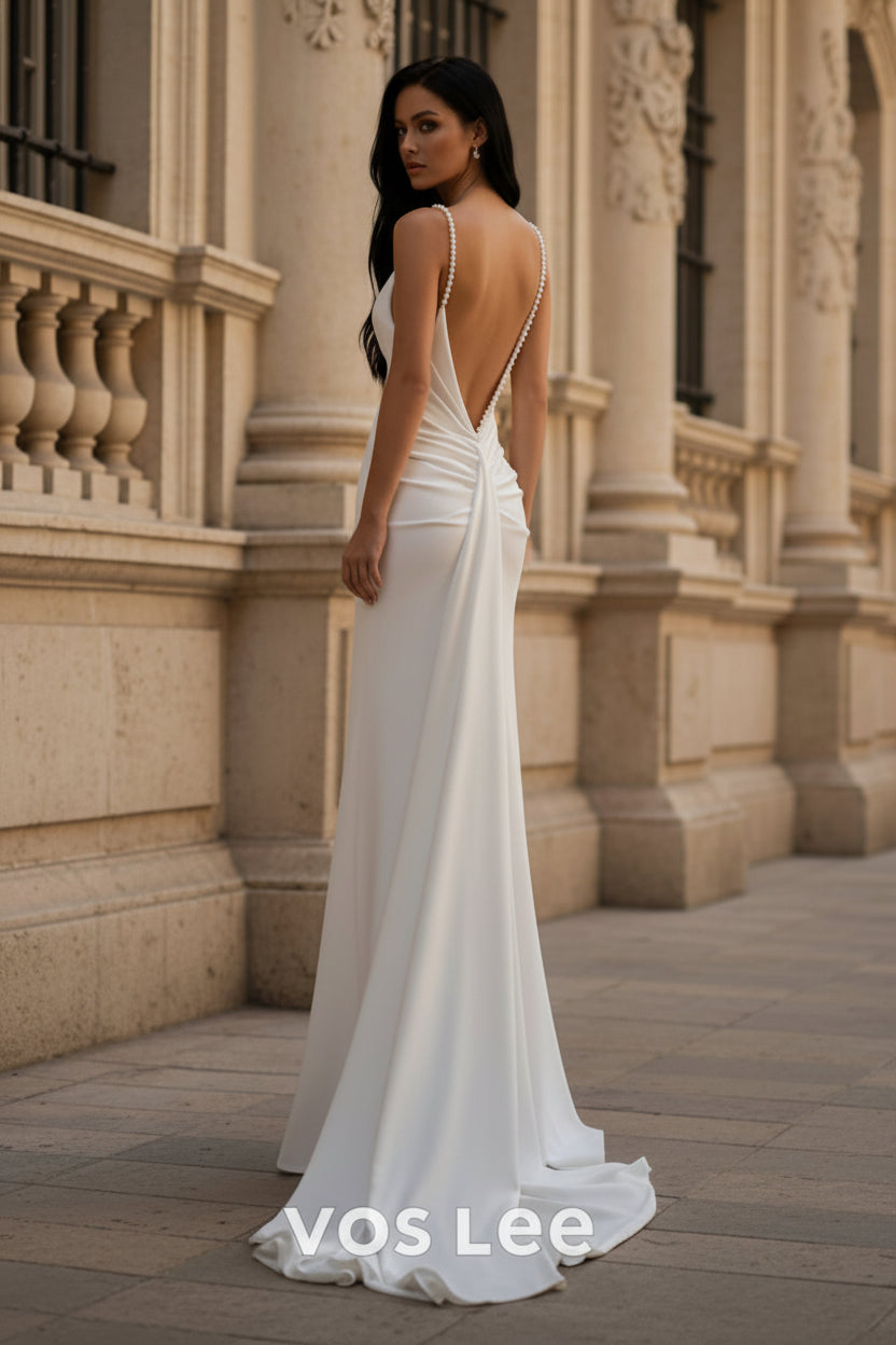 Pearl Strap Cowl Neck Backless Satin Mermaid Wedding Gown