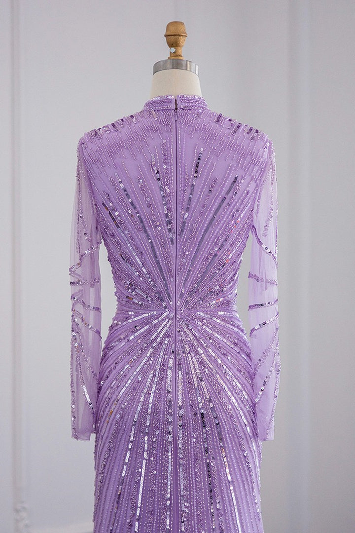 Violet High Neck Mermaid Evening Dress Tulle Long Sleeves With Sparkle Appliques