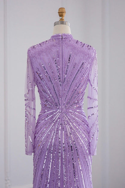 Violet High Neck Mermaid Evening Dress Tulle Long Sleeves With Sparkle Appliques