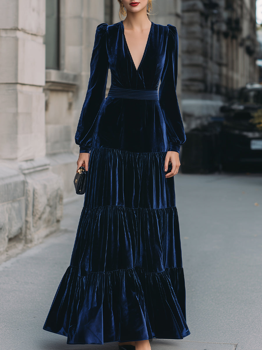 Navy Blue Velvet Tiered Maxi Dress