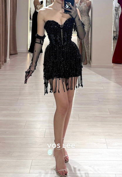 Mini & Short Strapless Sweetheart Fully Beaded Pleated Sheath Evening Dresses