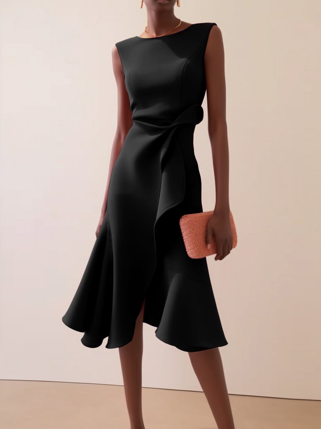 Red Sleeveless Midi Elegant A-line Dress
