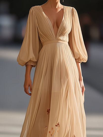 Embroidered Chiffon Maxi Dress With Plunging Neckline