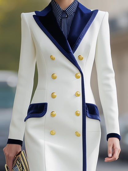 White & Navy Contrast Double-Breasted Dress