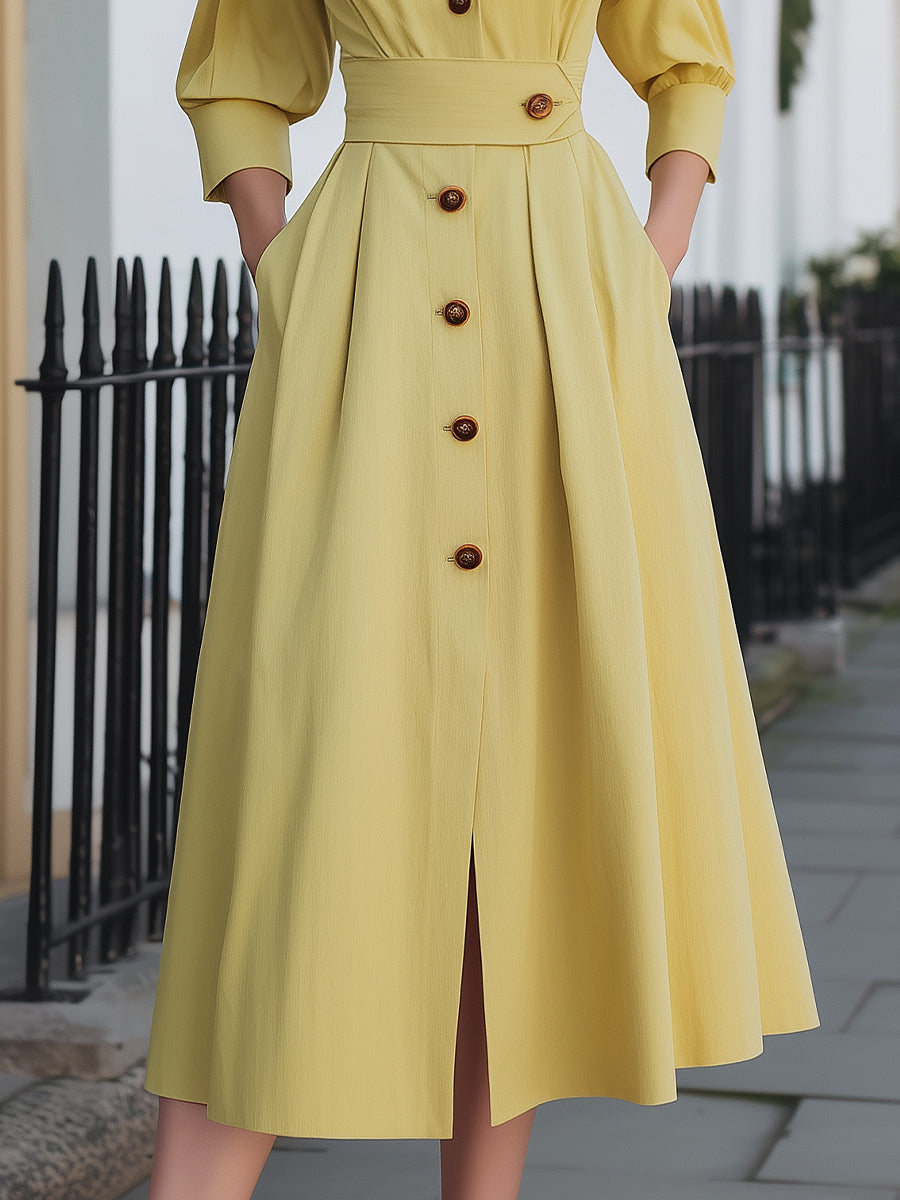 Vintage Long Sleeves Button A-Line Midi Dress