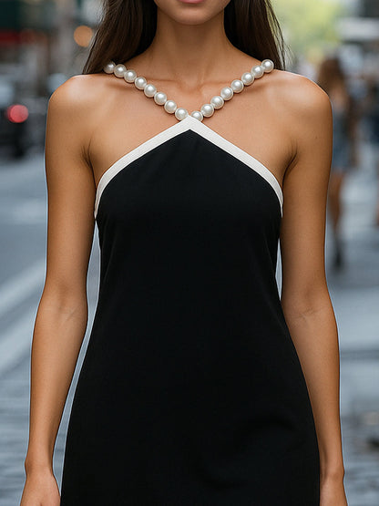 Pearl-Strap Contrast Mini Dress, A Sleek
