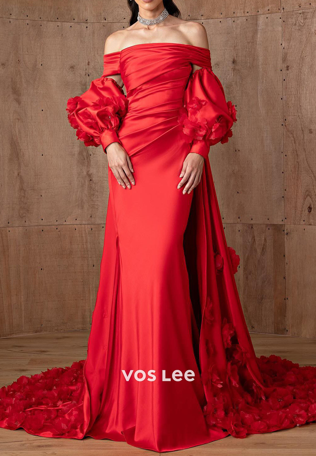 Red Off the Shoulder Short Sleeve Appliques Mermaid Prom Dresses