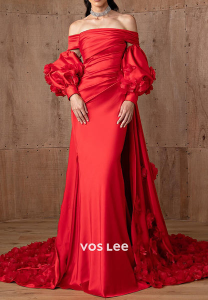 Red Off the Shoulder Short Sleeve Appliques Mermaid Prom Dresses