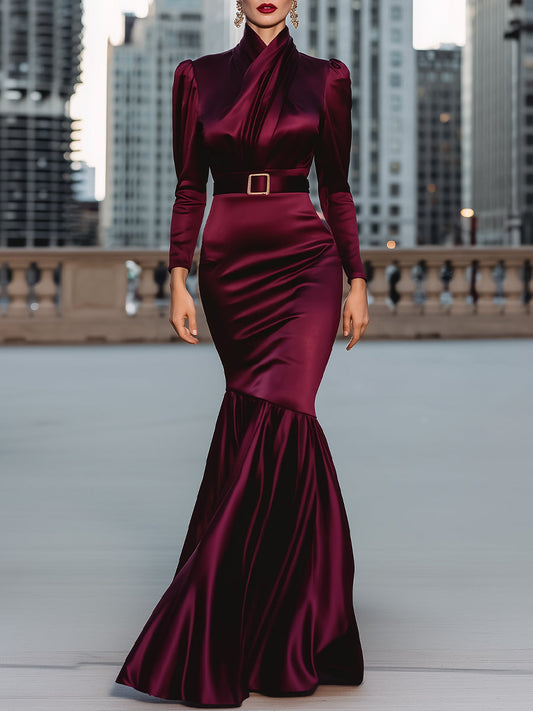 Satin Draped Mermaid Hem Gown With Belted Waist
