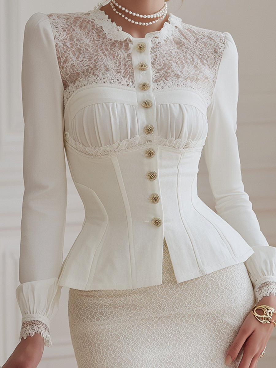 Regal Lace-Trim Corset Blouse & Textured Pencil Skirt Two-Piece Set