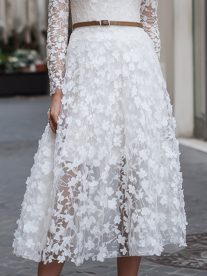Elegant Floral Lace Long-Sleeve Midi Dress