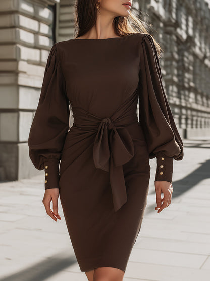 Elegant Puff Sleeve Midi Dress With Tie Waist