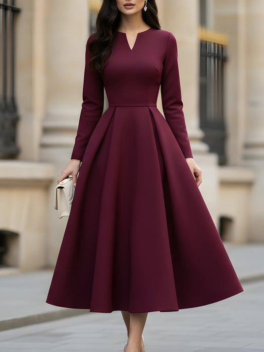 Burgundy V-Neck Pleated Midi Dress