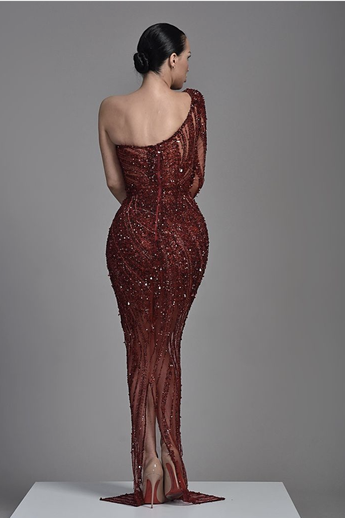 Burgundy Long Evening Dress One Shoulder Sequins Heavy Mermaid