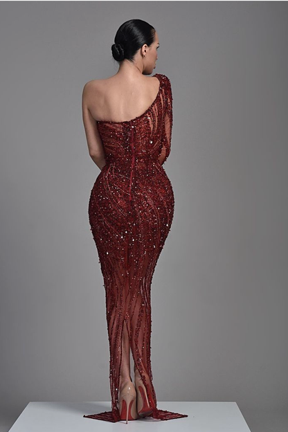 Burgundy Long Evening Dress One Shoulder Sequins Heavy Mermaid