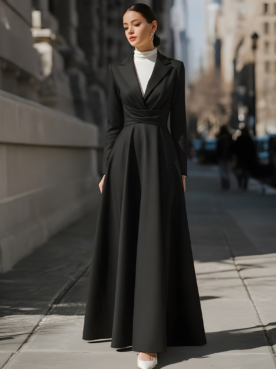 Black Maxi Blazer Dress With Draped Waist