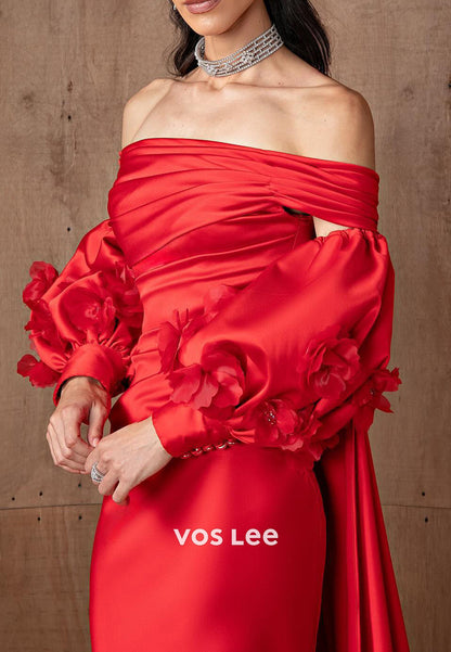 Red Off the Shoulder Short Sleeve Appliques Mermaid Prom Dresses