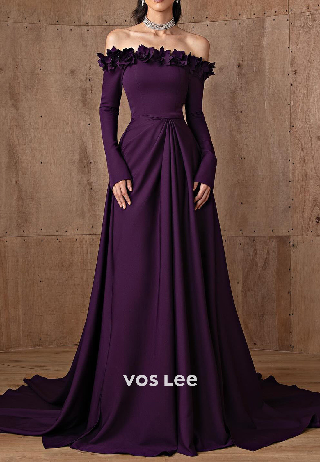 A-Line Long Sleeve Off the Shoulder Floral Embossed Pleated Evening Gowns