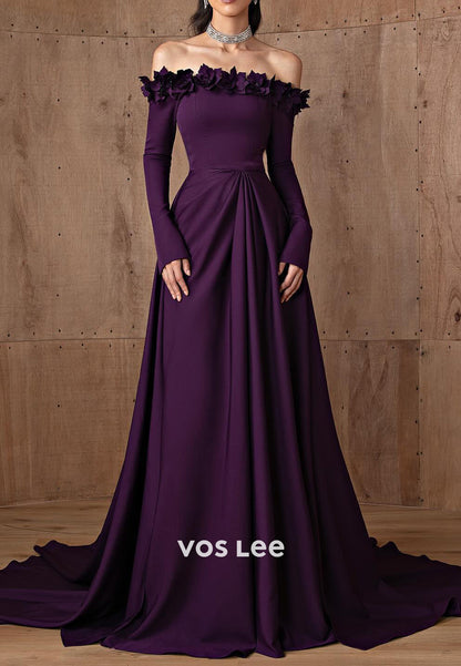 A-Line Long Sleeve Off the Shoulder Floral Embossed Pleated Evening Gowns