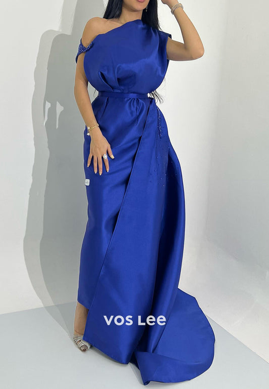 Royal Blue Asymmetrical Neck Sheath Evening Dresses with Sweep Train