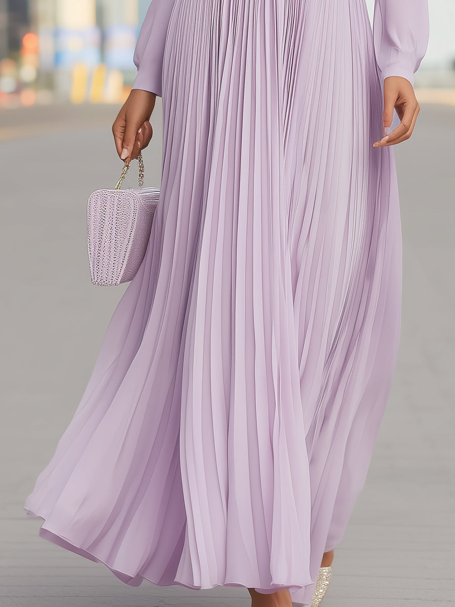 Lavender Long Sleeve Pleated Maxi Dress With 3D Floral Accent