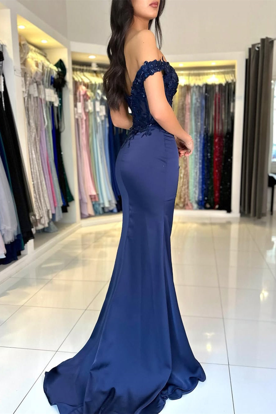 Dark Navy Off-the-Shoulder Sweetheart Mermaid Evening Dresses Slit Long With Appliques Beads