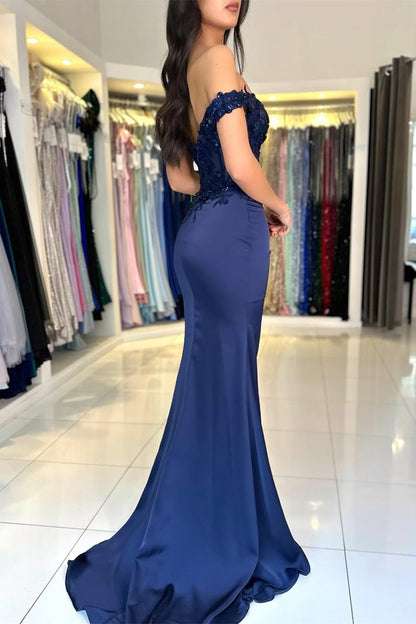 Dark Navy Off-the-Shoulder Sweetheart Mermaid Evening Dresses Slit Long With Appliques Beads