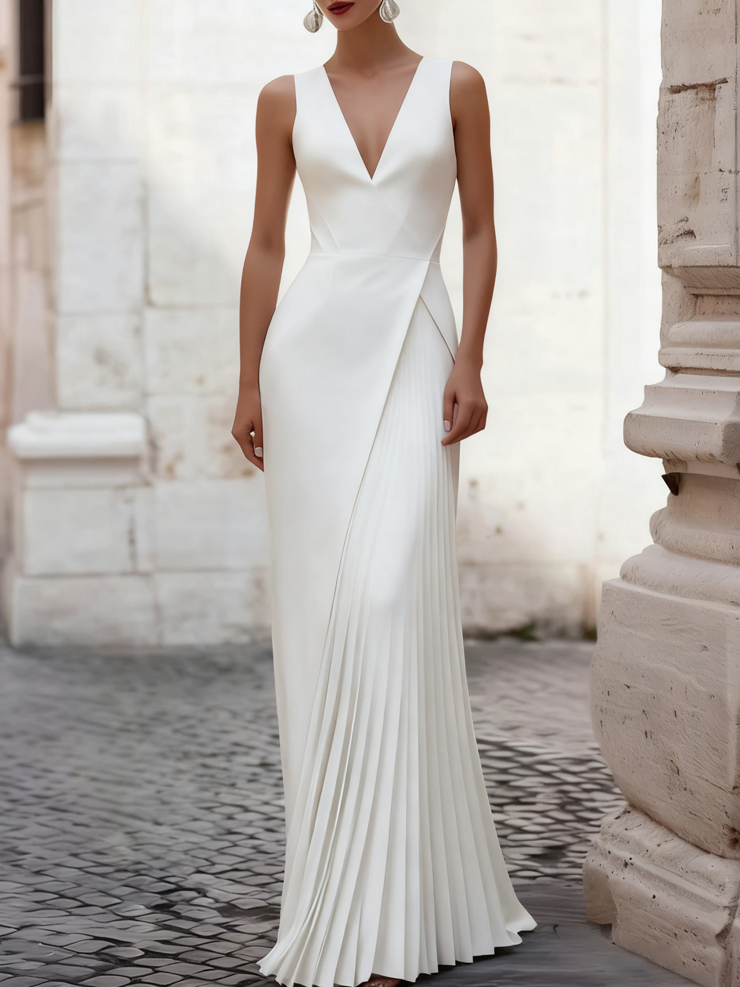 Elegant V Neck Backless Satin Pleated Evening Gown Wedding Guest Dress
