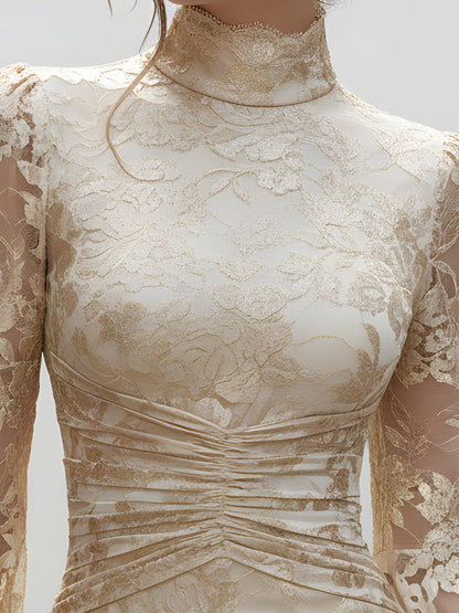 Gold Lace Long-Sleeve Ruched Dress
