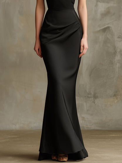 Black One-Shoulder Satin Gown With Sculpted Floral Accent
