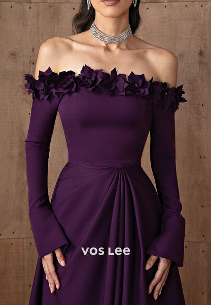 A-Line Long Sleeve Off the Shoulder Floral Embossed Pleated Evening Gowns