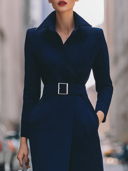 Elegant Belted Midi Trench Dress In Midnight Navy