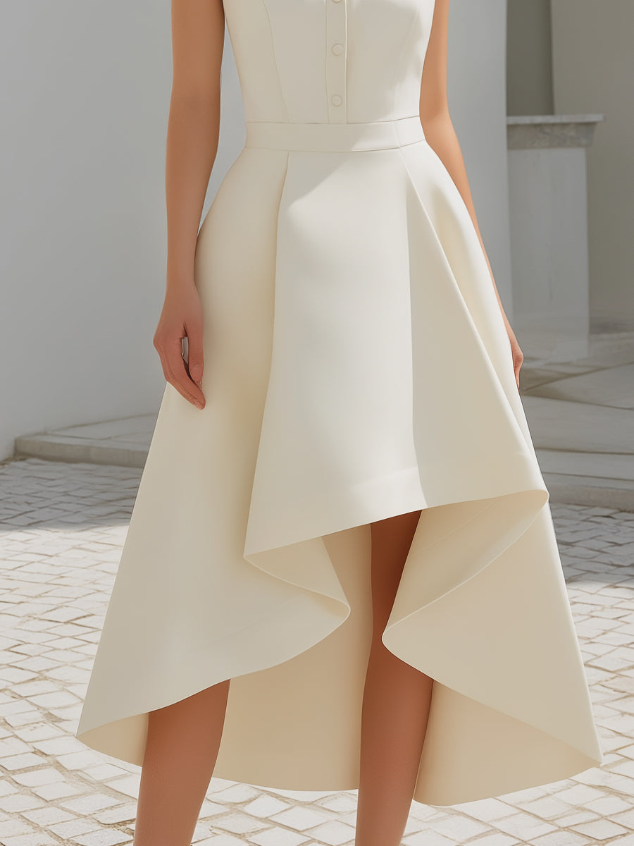 High-Neck Button Front Asymmetric Hem Midi Dress