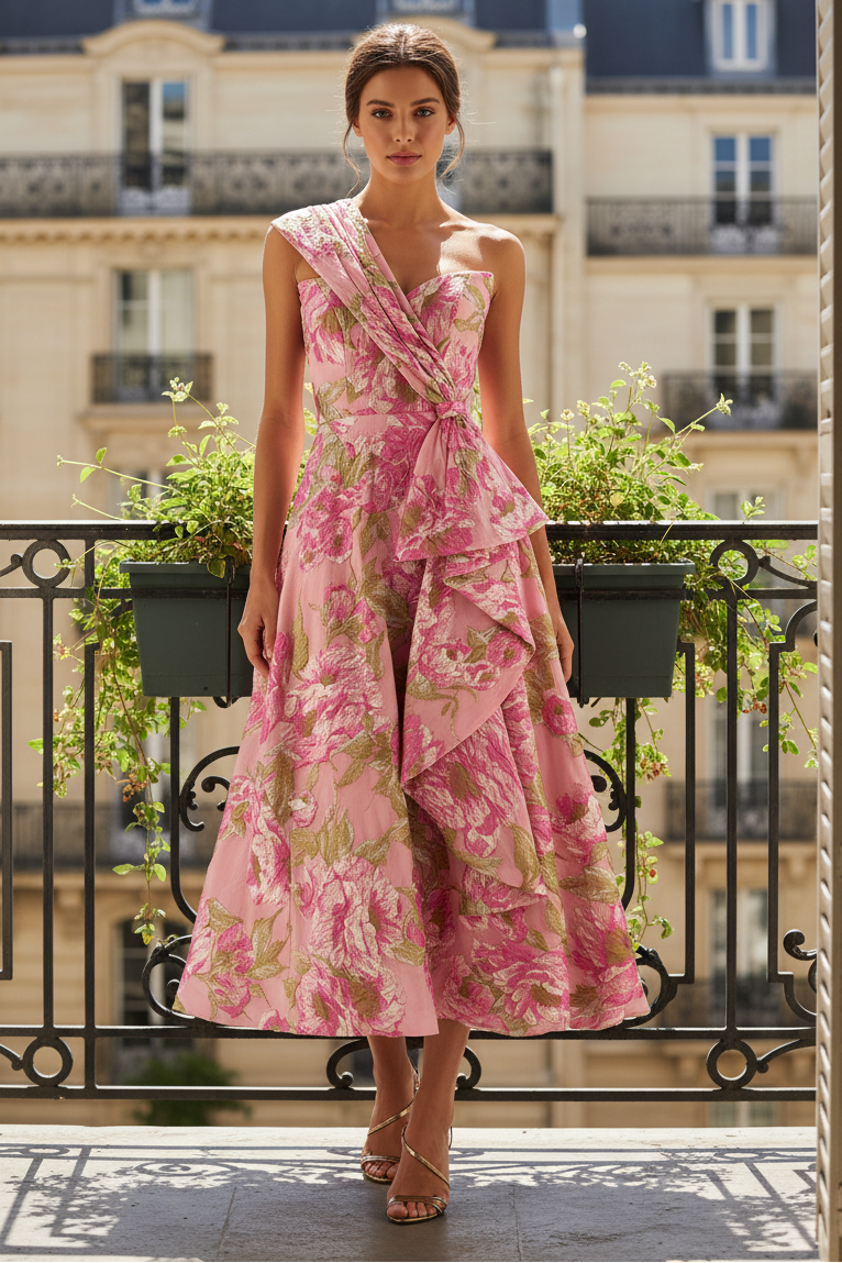 A-Line One Shoulder Tea Length Dress