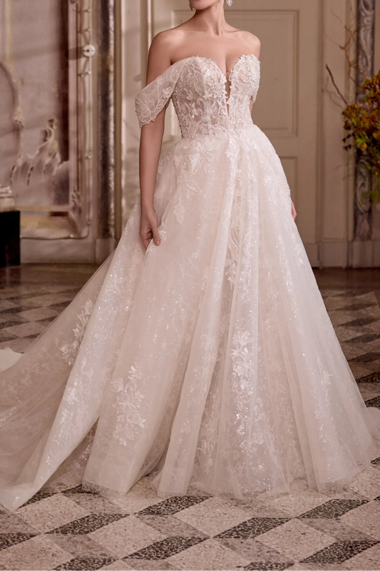 Royal Sparkle: Off-the-Shoulder Lace Ball Gown Wedding Dress
