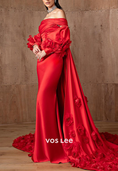 Red Off the Shoulder Short Sleeve Appliques Mermaid Prom Dresses