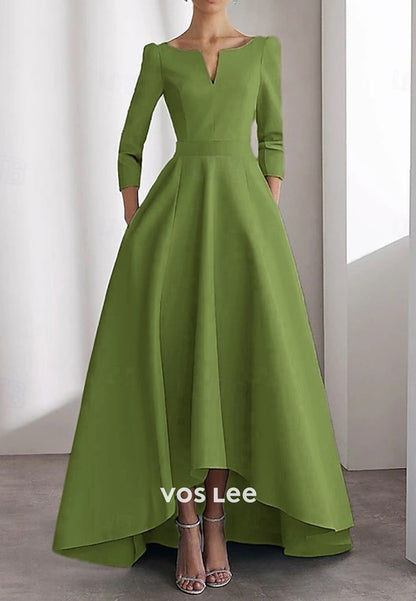 Simple & Casual A-Line V Neck 3/4 Sleeve Pleated Evening Dresses with Sweep Train
